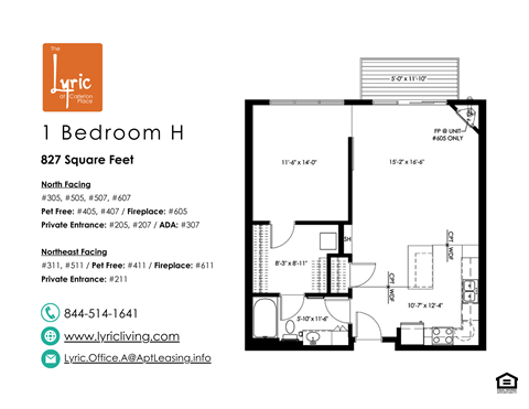 Floor plan for 1 bed, 1 bath, 827 sqft